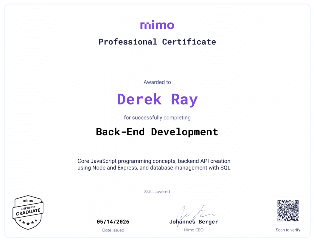 Back-end development certification