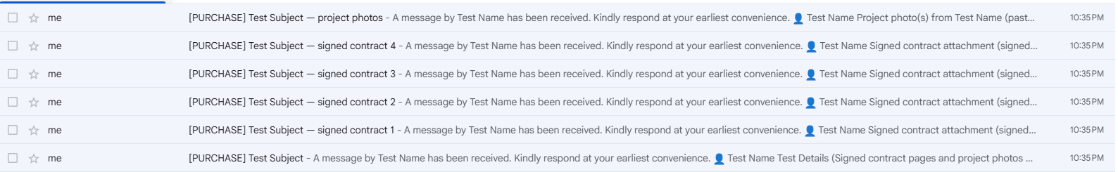 Gmail inbox listing a purchase inquiry plus separate emails for each signed contract page and project photos
