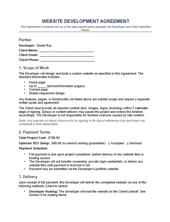 Website Development Agreement cover